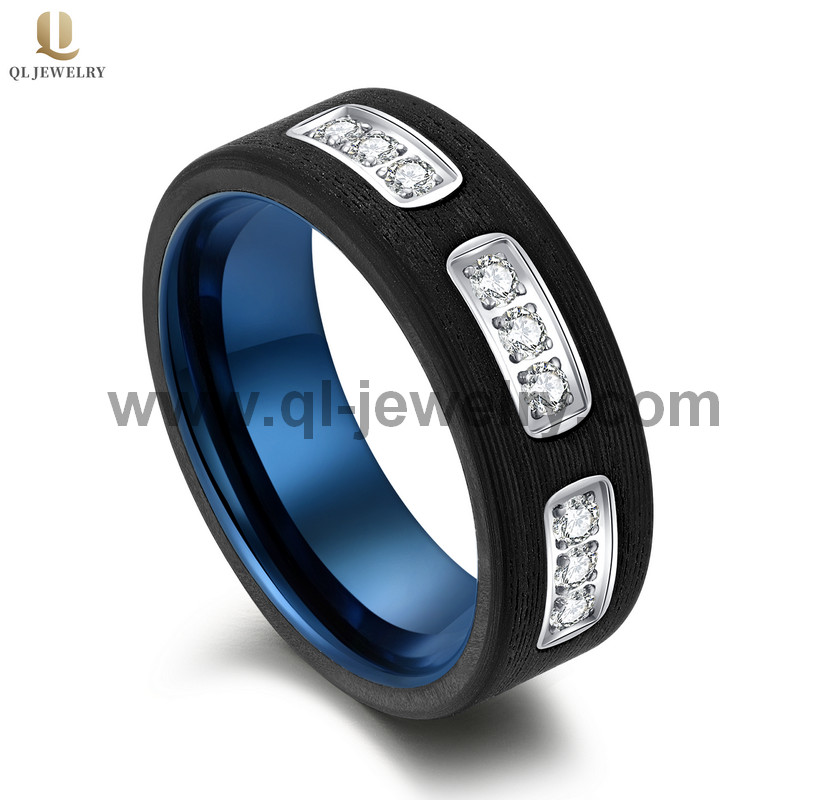 Hohe qualität beliebte 8mm flache massiv geschmiedete schwarze kohlefaserring mit blau wolfram innerband mit weißen cz steinen china hersteller