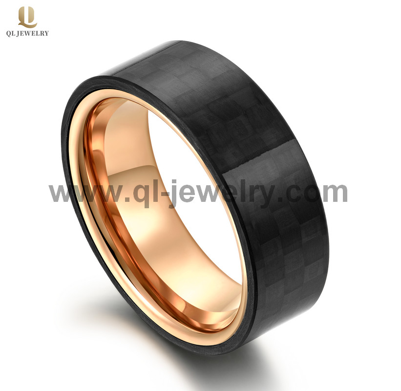 Hohe qualität beliebte 8mm flache rose gold wolframs und massiv geschmiedete schwarze kohlefaser hochzeitsbänder schwarz kohlefaser ring china hersteller