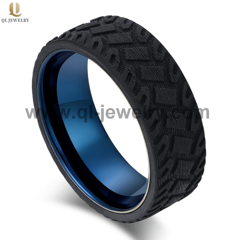 High Quality 8mm Men\'s Black Carbon Fiber Tire Tread and Blue Tungsten Carbide Wedding Band China Manufacturer