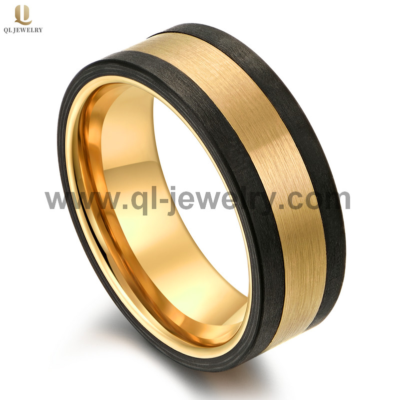 Erstaunliche 8-mm-Flachgold-Wolframkarbid-Ring mit gefesseltem Black-Kohlefaserband an den Seiten China Fabrik