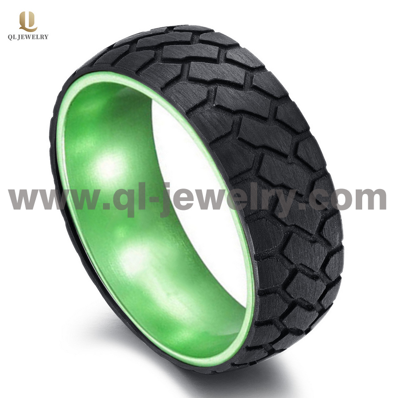 Bandes de mariage de bande de roulement de pneu en fibre de carbone forgée noire de 8 mm pour hommes de haute qualité et bande de mariage en aluminium vert China Factory