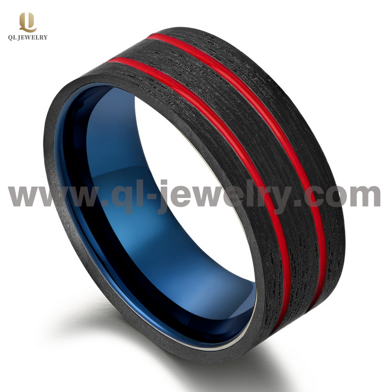 China Hersteller: Hochwertige 8mm Männer aus schwarzem Kohlefaser und blauem Wolframkarbid-Hochzeitsband mit roten Linien