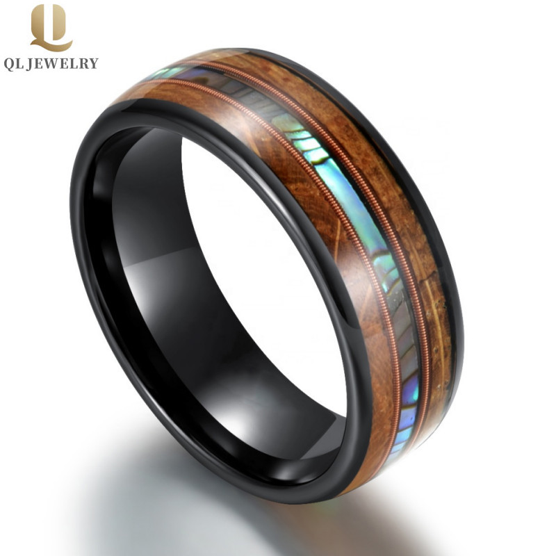 Erstaunliche 8mm hoch polierte gewölbte schwarze Wolframkarbid-Hochzeitsbänder mit Abalone-Muschel- und Holz-Inlay-Center-Roségold-Gitarren-Zeichenfolge China-Hersteller