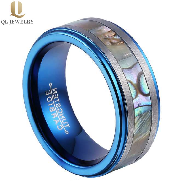 Professionnel Factory 8mm Flat et Step Bord d\'Abalone Coquille Bleu Bleu Tungstène Bande de mariage en Chine