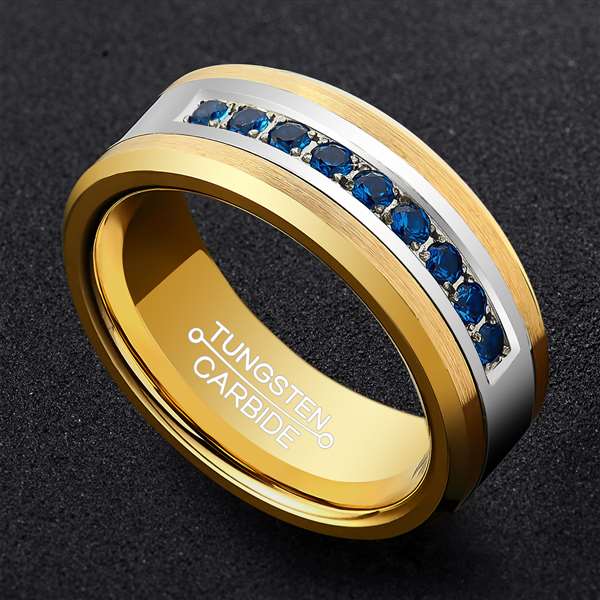 Hotsale 8mm Men's Wedding Bands Flat and Beveled Edges Gold Tungsten Ring with 9 Blue CZ Stones China Manufacturer