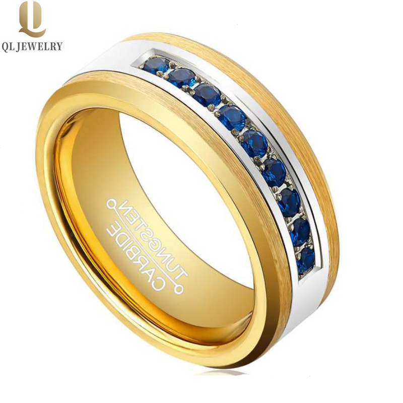 HOTSALE 8MM MÄNNER EUDE BANDS Wohnung und abgeschrägte Kanten Gold Wolfram Ring mit 9 blauen CZ Stones China Hersteller