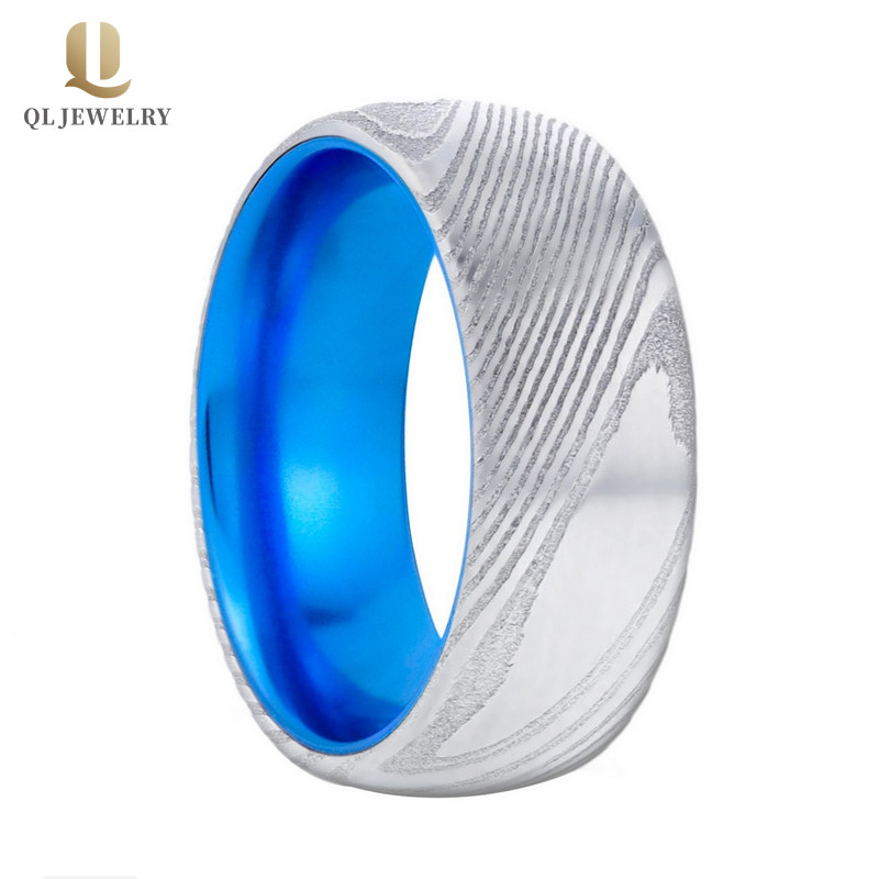 Unique Style Men\'s Wedding Bands 8mm Domed Damascus Steel Ring with Blue Aluminum Inner Band China Manufacturer