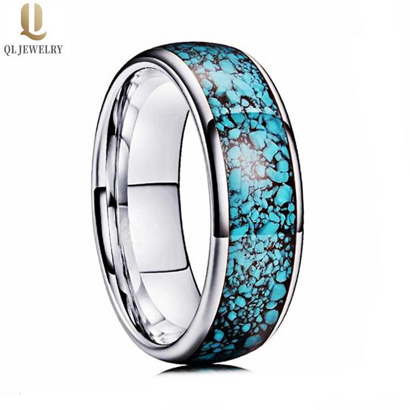 Popular 8mm High Polished Domed Tungsten Carbide Wedding Bands with Black Turquoise Inlay China Manufacturer