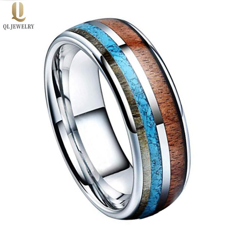 Hotslae 8mm High Polished Domed Tungsten Carbide Wedding Bands with Antler and Turquoise and Wood Inlay China Factory