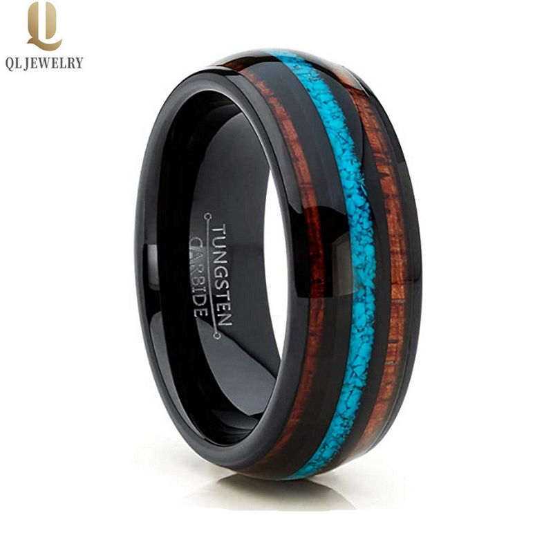 Beliebte 8mm hochpolierte gewölbte schwarze Wolframkarbid-Hochzeitsbänder mit türkisfarbener Muschel- und Holzeinlage China Hersteller