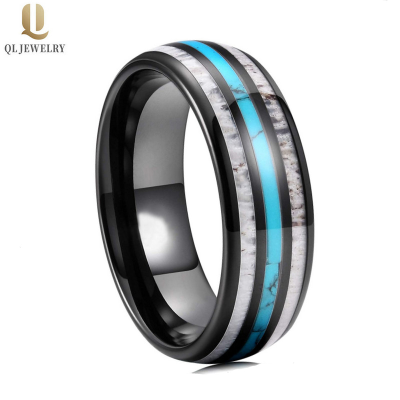 Beliebte 8mm Männer Hochzeitsbänder mit hohem poliertem wölbten schwarzen Wolframkarbid-Hochzeitsbänder mit türkisfarbener Muschel- und Geweih-Inlay China-Hersteller