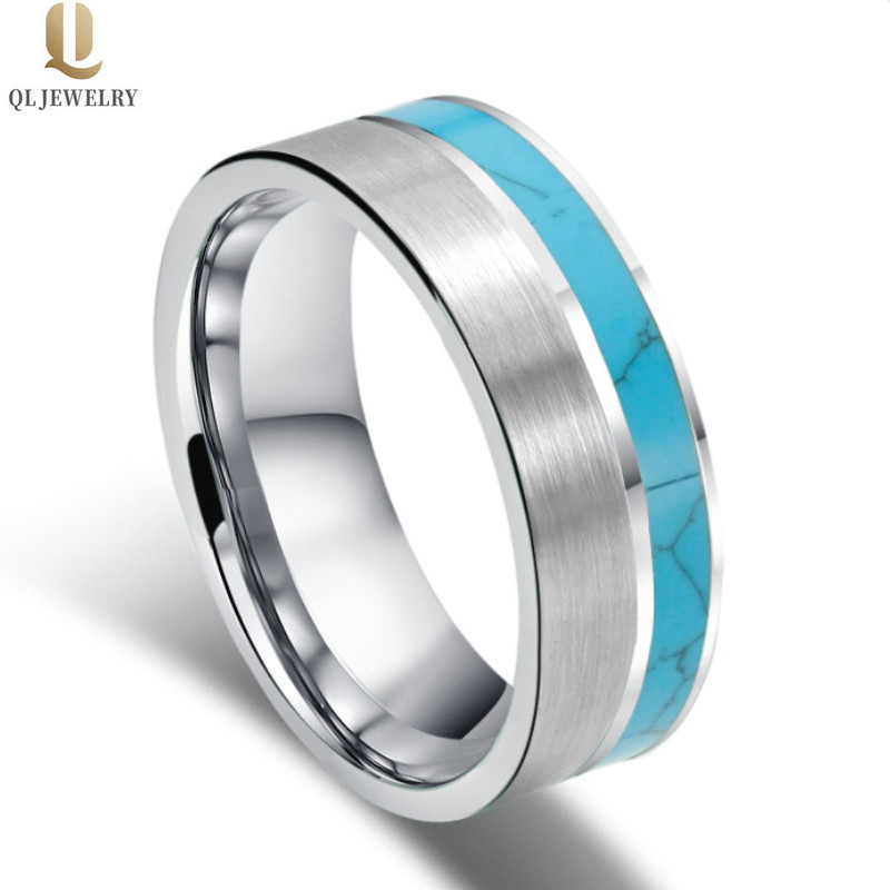 Hotsale Men\'s Wedding Bands 8mm Satin Brushed Flat Tungsten Carbide Ring with Turquoise Inlay China Manufacturer