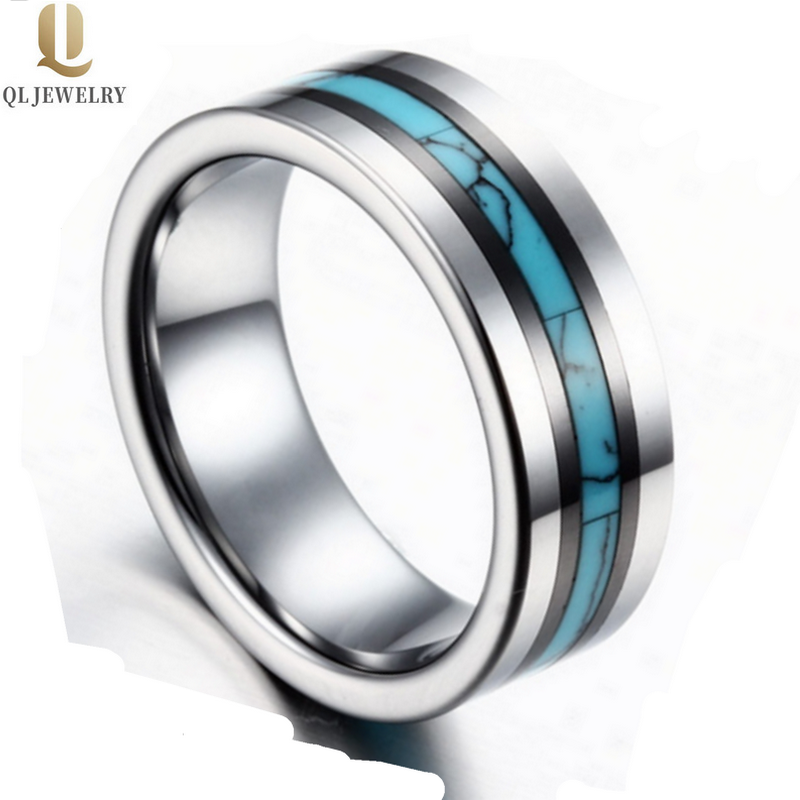 Amazing Men\'s Wedding Bands 8mm High Polished Flat Tungsten Carbide Ring with Turquoise and Black Ceramic Inlay China Manufacturer