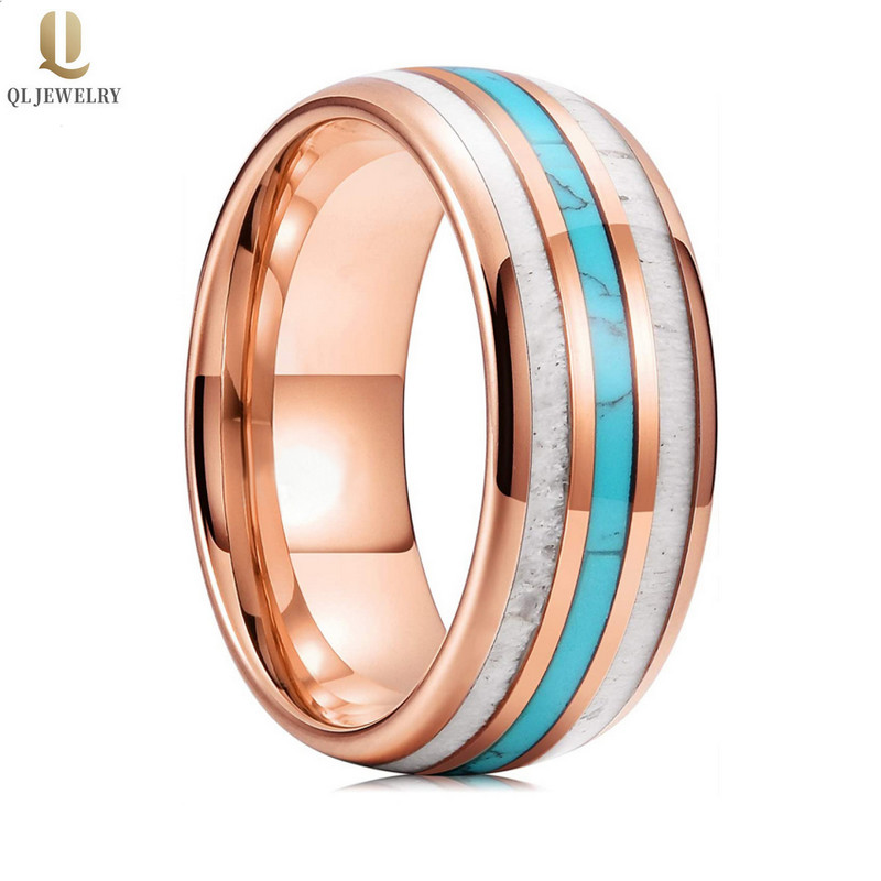 Erstaunliche 8mm hochpolierte Rose Gold gewölbte Wolframkarbid-Hochzeitsbänder mit Geweih und Türkis Inlay China Hersteller