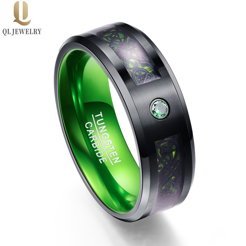 Erstaunliche Männer Hochzeitsbänder 8mm Satin gebürstet Schwarz Wolframkarbidring mit keltischem Ring Green Carbon Fiber und Green Cz Stone Inlay und Alluminium Green Innerband China Hersteller