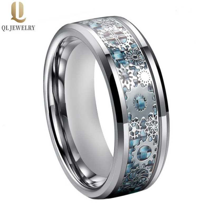 Neue Stil Herren Ehering Bands Wolframkarbidring mit mechanischem Gang und blauem Kohlefaser Inlay China Fabrik