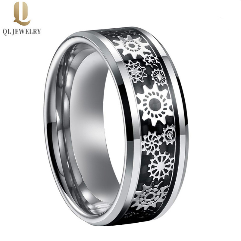 Großhandel Herren Ehering Bands Wolframkarbidring mit mechanischem Gang und schwarzem Kohlefaser Inlay China Hersteller