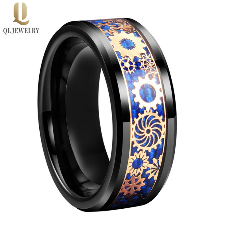 NOUVEAU Style Hommes Bandes de mariée Noir Bague en carbure de tungstène avec engrenages mécaniques en or rose et en fibre de carbone bleue Chine usine