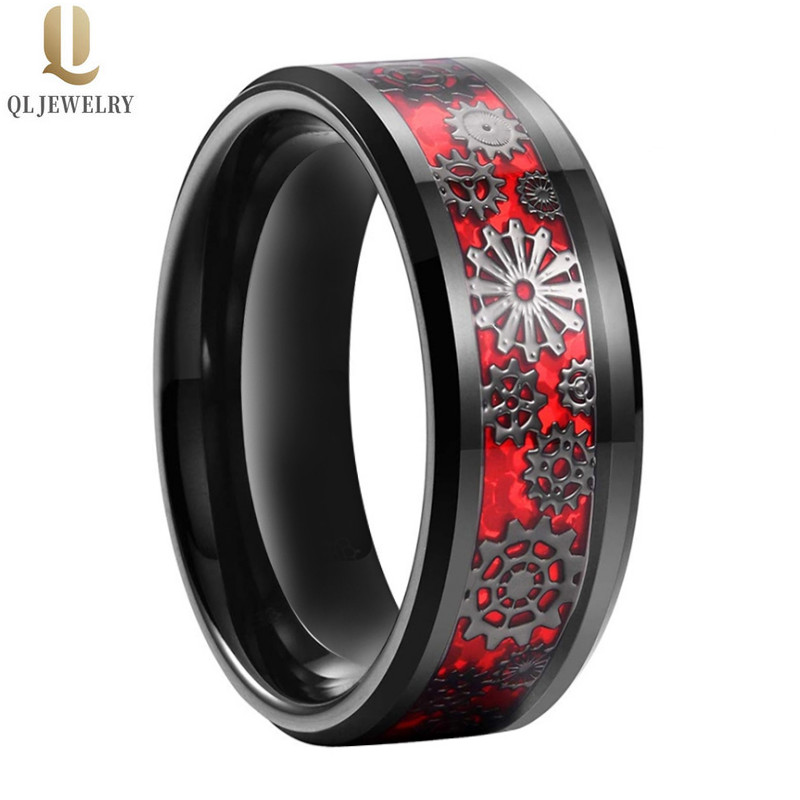 New Style Mens Wedding Bands Black Tungsten Carbide Ring with Mechanical Gear and Red Carbon Fiber Inlay China Factory
