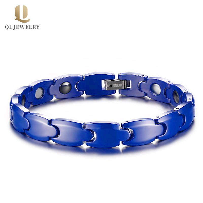 Pulsera de cerámica de las mujeres y los hombres del bajo precio Brazalete de cerámica azul de alta tecnología con hematites e imanes Inlay Fabricante de China