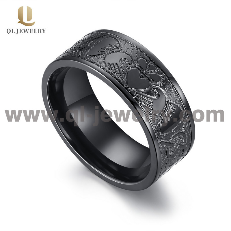 Unquie 8mm Flat Mens Wedding Bands Black Zirconium Claddagh & Celtic Knot Wedding Ring with Sandblasted BackGround China Supplier