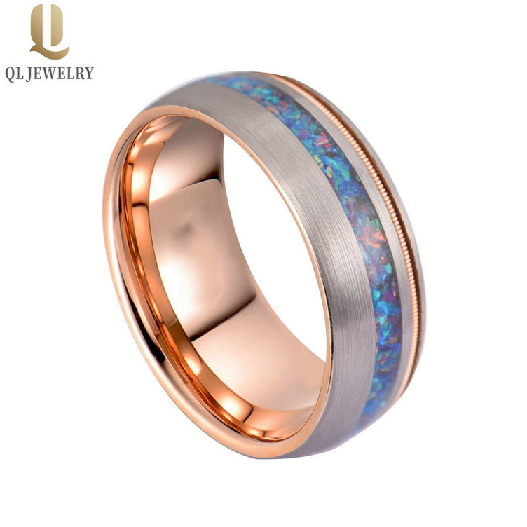 Erstaunliche 8mm Satin gebürstet gewölbt Rose Gold Wolfram-Hochzeitsbänder mit Opal- und Rosengold-Guitar-Zeichenfolge Inlay China Hersteller