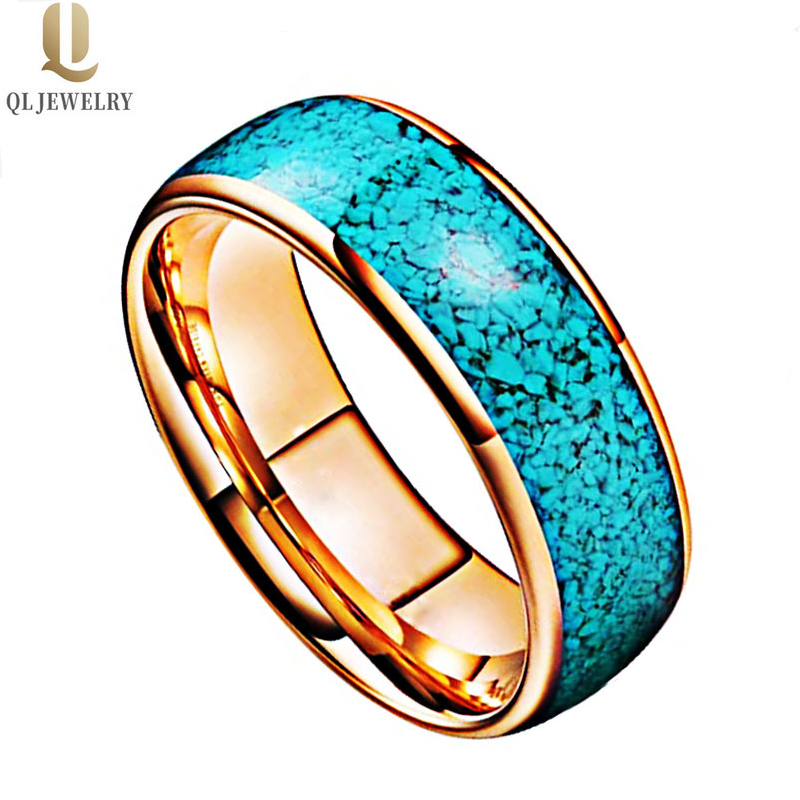 Popular 8mm High Polished Domed Gold Tungsten Carbide Wedding Bands with Turquoise Inlay China Manufacturer