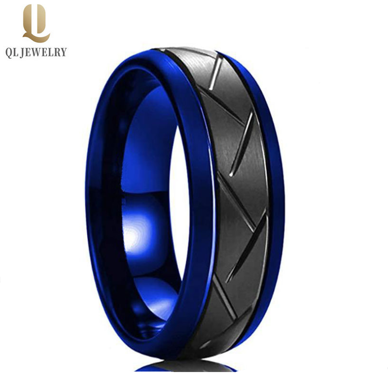 Anello di carburo di tungsteno tungsteno tungsteno di alta qualità 8mm blu e nero a doghed grotted band di nozze di tungsteno fornitore