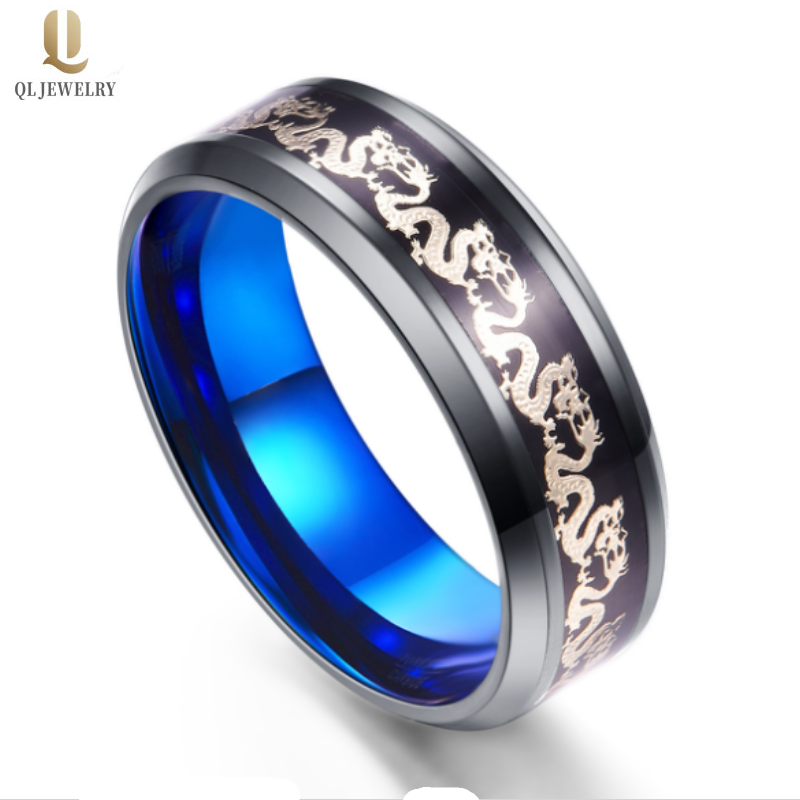 Bagues de mariage de tungstène noir et bleu de deux tons Bague en carbure de tungstène noir et bleu avec le dragon chinois et le fabricant de chinois en fibre de carbone noir