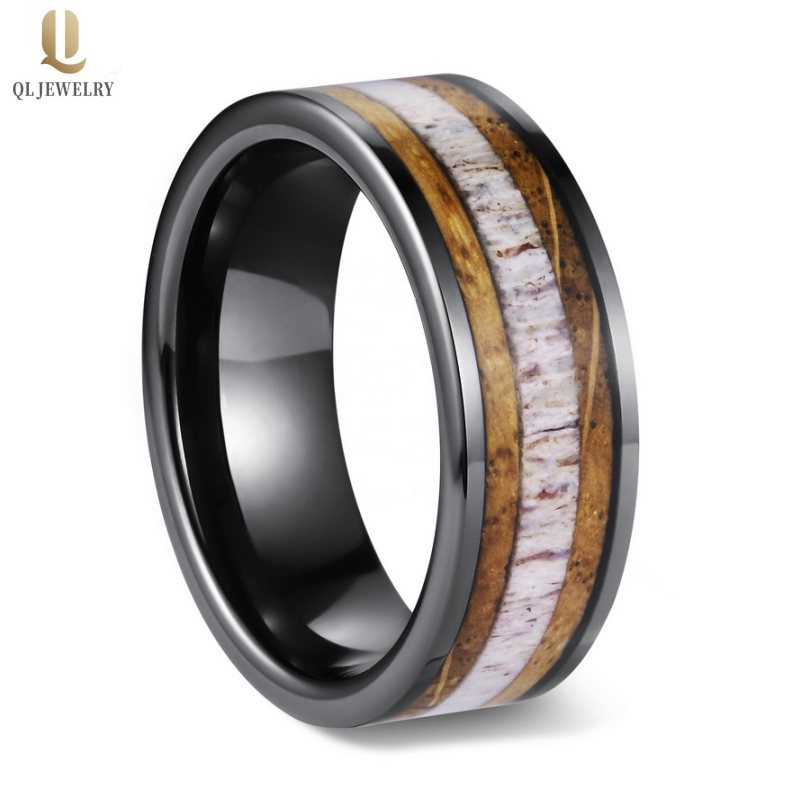 Amazing 8mm Mens Tungsten Wedding Bands Black Tungsten Carbide Ring with Whisky Barrel Wood and Antler Inlay China Manufacturer