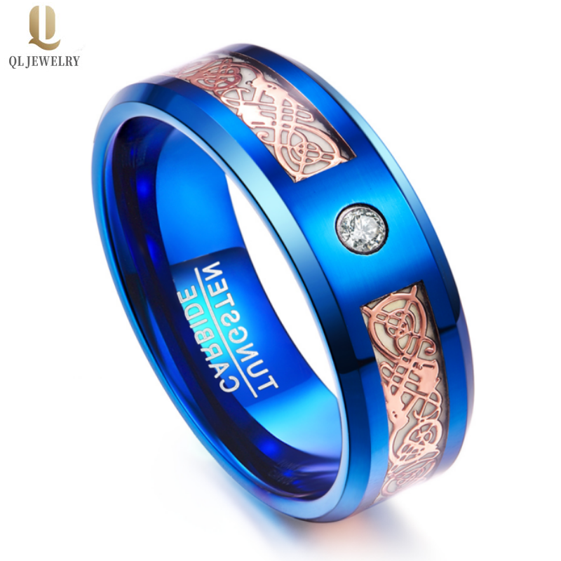 Hotsale Herren Ehering Bands Blauer Wolframkarbidring mit leuchtendem Roségold Celtic Dragon Inlay und 1 weißer CZ-Stein China-Hersteller