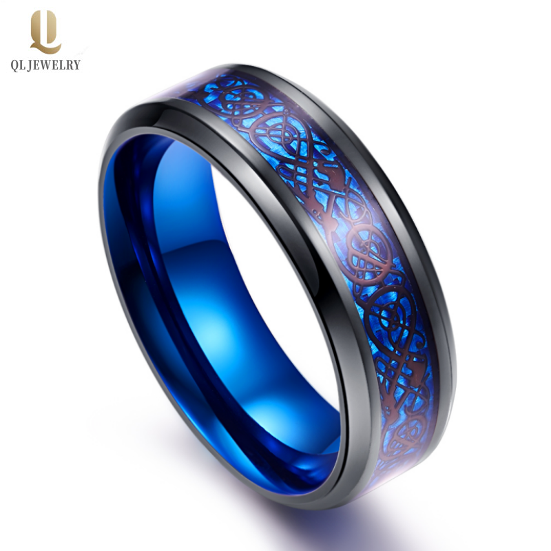 Erstaunliche zwei getönte Herren-Hochzeitsbänder schwarzer und blauer Wolframkarbidring mit schwarzem keltischen Drachen- und blauen Kohlefaser-Inlay-China-Hersteller