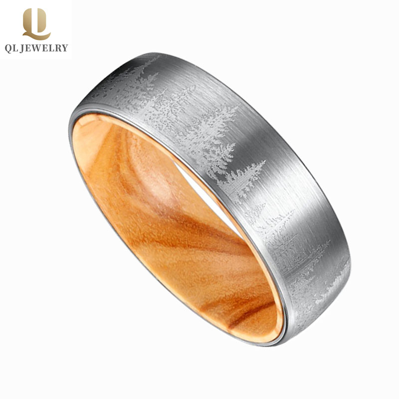 Massivholz Inlay gebürstet gewölbter Wolframkarbidring mit Waldbäumen gestempelt Gravur 8mm Modeschmuck Ring