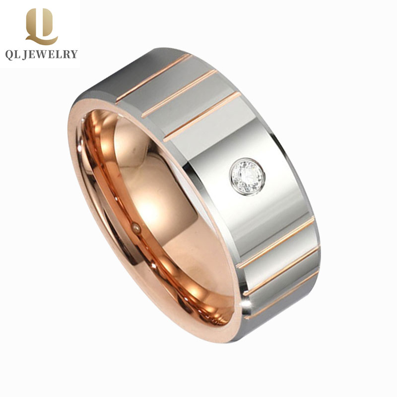 Mode Rose Gold Wolfram Ring mit CZ Inlay Ehering Band 8mm poliert