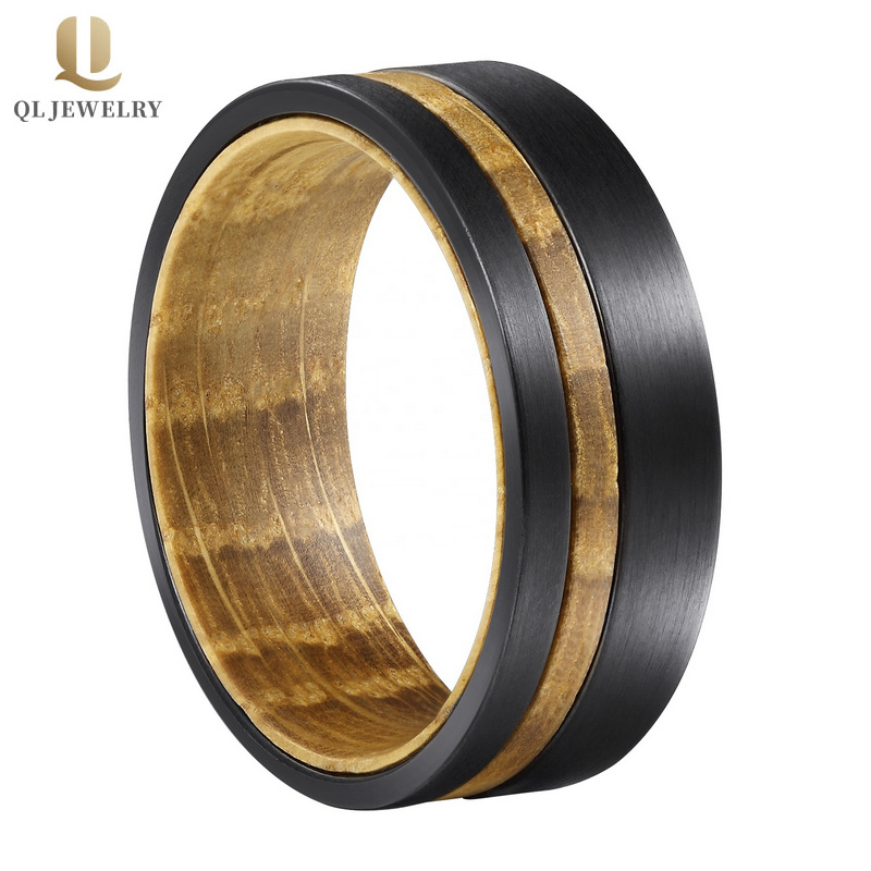 Amazing Men's Tungsten Wedding Bands 8mm Brushed Black Tungsten Carbide Ring with Whiskey Barrel Wood Inner Band China Manufacturer