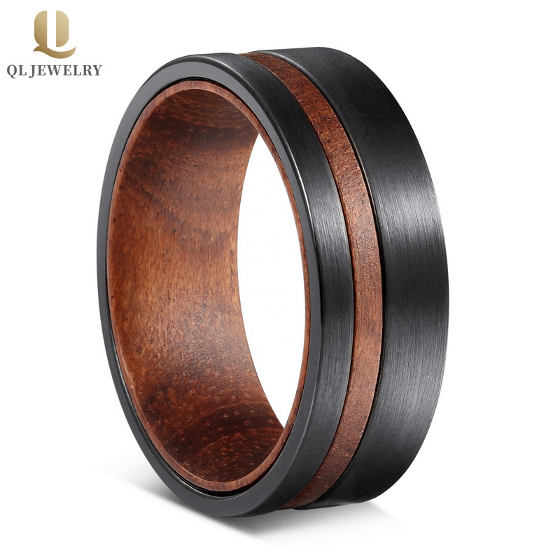 Amazing Men's Tungsten Wedding Bands 8mm Brushed Black Tungsten Carbide Ring with Wood Inner Band China Manufacturer
