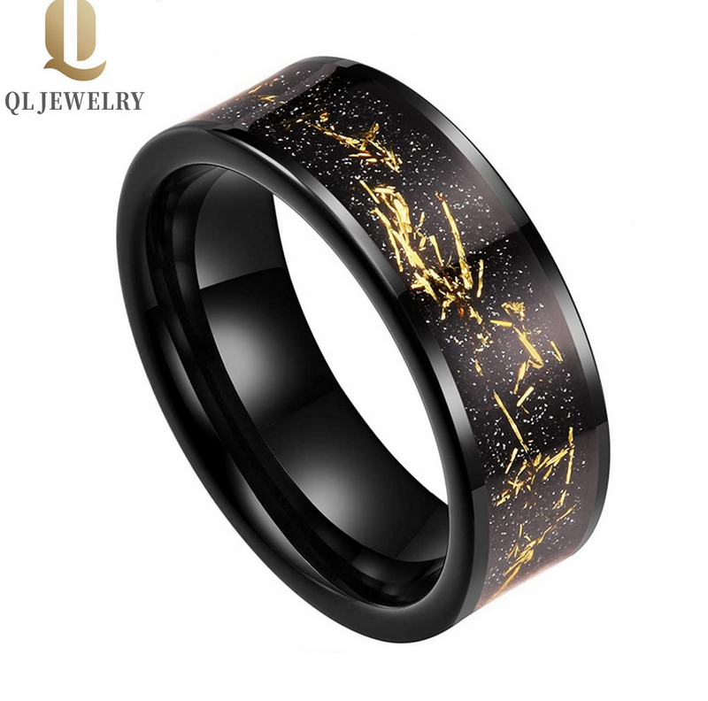 Top Selling 8mm High Polished Men's Tungsten Wedding Bands Flat Black Tungsten Carbide Wedding Bands with Gold Foil Fragments Inlay China Manufacturer