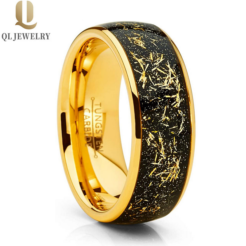 Einzigartiges Design 8mm hochglanzpolierte gewölbte Gold-Wolframkarbid-Hochzeitsbänder mit Goldfolienfragmenten-Inlay China Hersteller