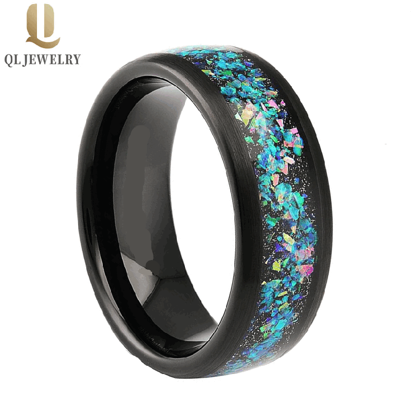 Popular Style 8mm Men's Tungsten Wedding Bands Domed Brushed Black Tungsten Carbide Wedding Bands with SandStone and Created Opal Inlay China Manufacturer