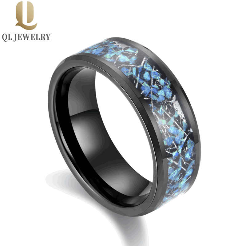 Top Selling 8mm High Polished Men's Tungsten Wedding Bands Belved Edges Black Tungsten Carbide Wedding Bands with Meteorite and Opal Inlay China Supplier