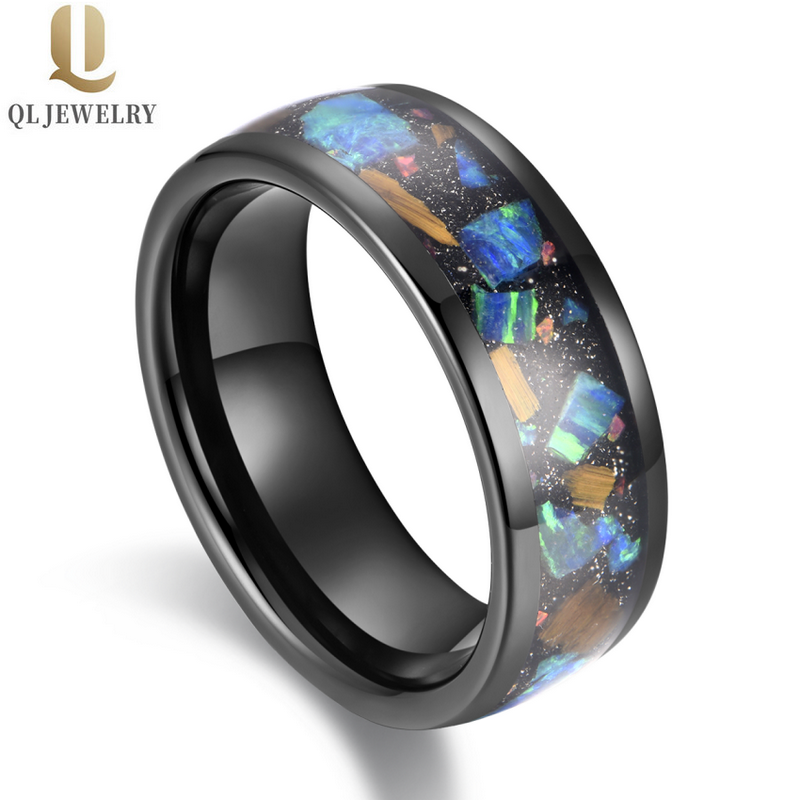 Meistverkaufte 8mm hochglanzpolierte Herren-Wolfram-Hochzeitsbänder gewölbte schwarze Wolframkarbid-Hochzeitsbänder mit Sandstein und erstellter Opaleinlage China Hersteller