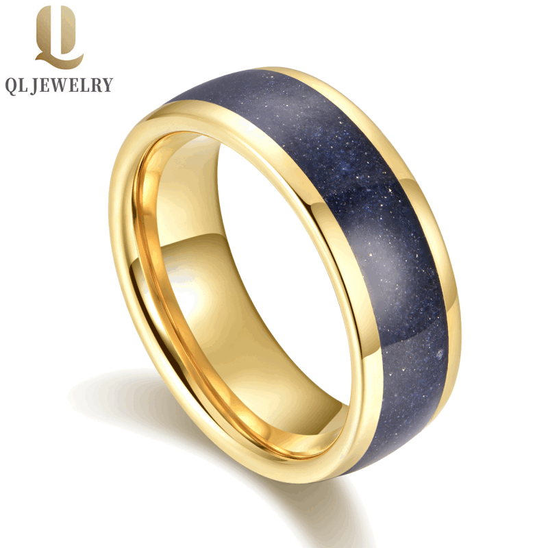 Bandes de mariage en tungstène pour hommes très polies de 8 mm Bandes de mariage en carbure de tungstène en or bombé avec incrustation de grès bleu Fabricant de la Chine