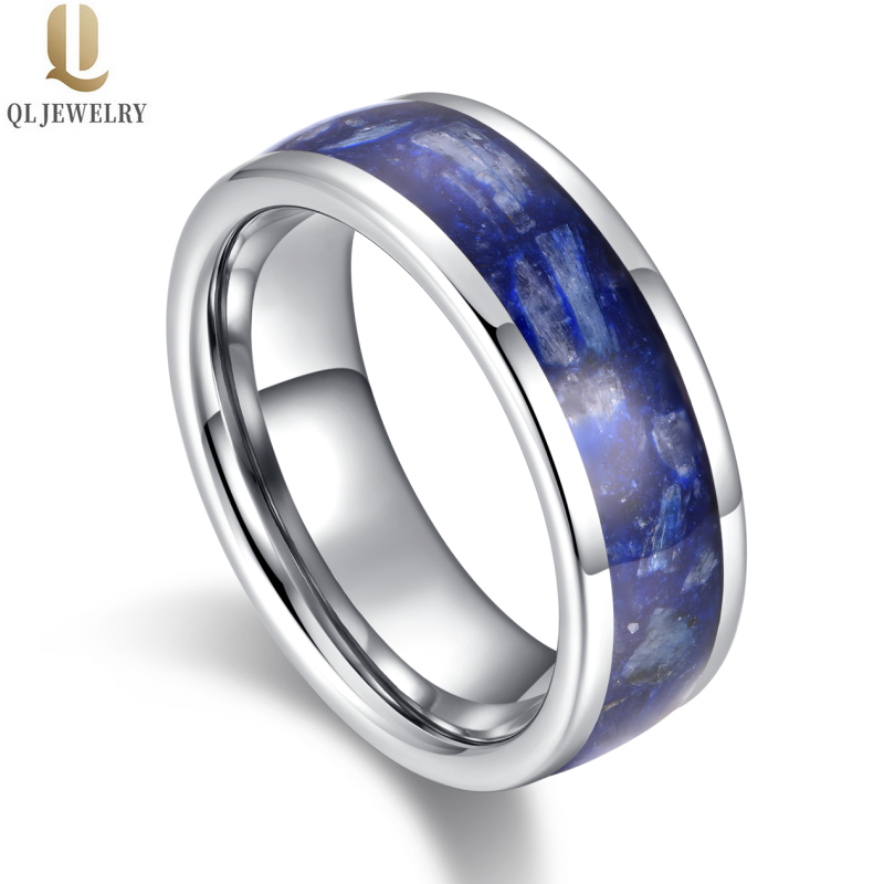 Großhandel Unisex Herren oder Damen 8mm hochglanzpolierte Herren Wolfram Eheringe Gewölbte Wolframcarbid Eheringe mit blauem Opal Inlay China Hersteller