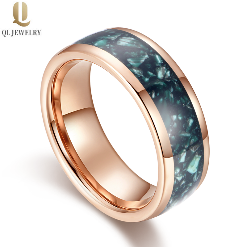 Beliebte 8mm hochglanzpolierte Herren-Wolfram-Hochzeitsbänder gewölbte Roségold-Wolframkarbid-Hochzeitsbänder mit grüner Opaleinlage