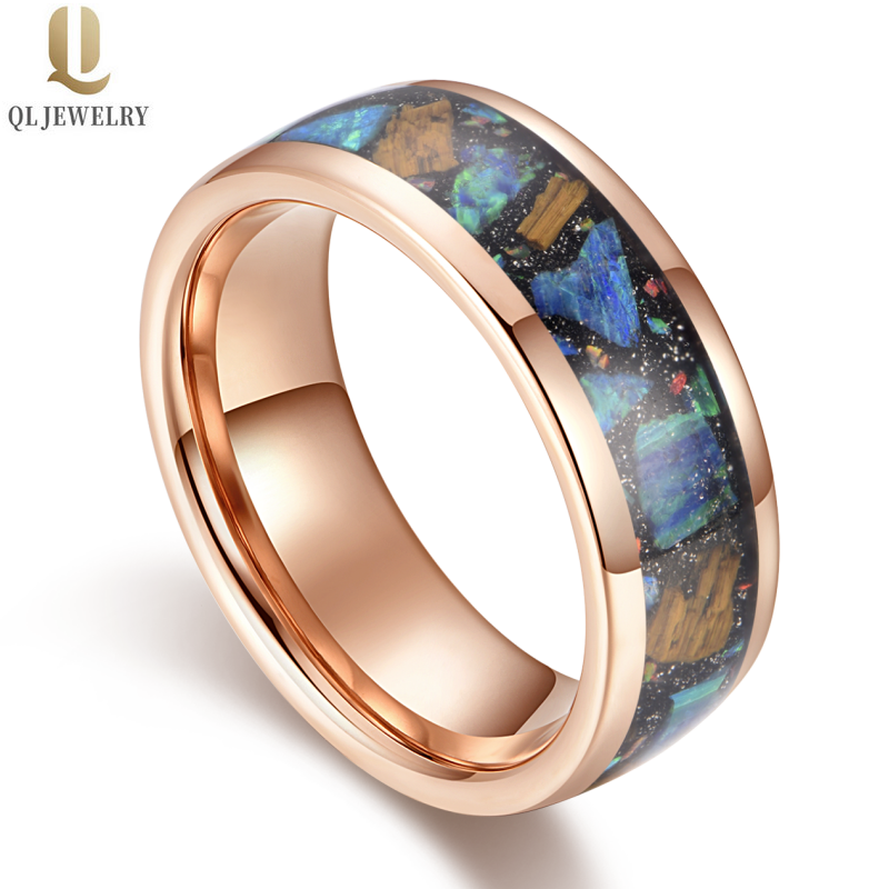 Beliebte 8mm hochglanzpolierte Herren-Wolfram-Hochzeitsbänder gewölbte Roségold-Wolframkarbid-Hochzeitsbänder mit schwarzer Goldstone-Grün-Opal-Einlage