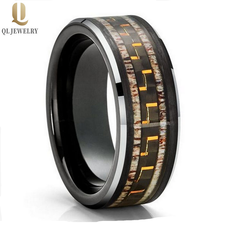 Beliebte 8mm Herren Wolfram Eheringe Flache und abgeschrägte Kanten Schwarzer Wolframkarbidring mit Geweih und schwarzer und gelber Kohlefasereinlage