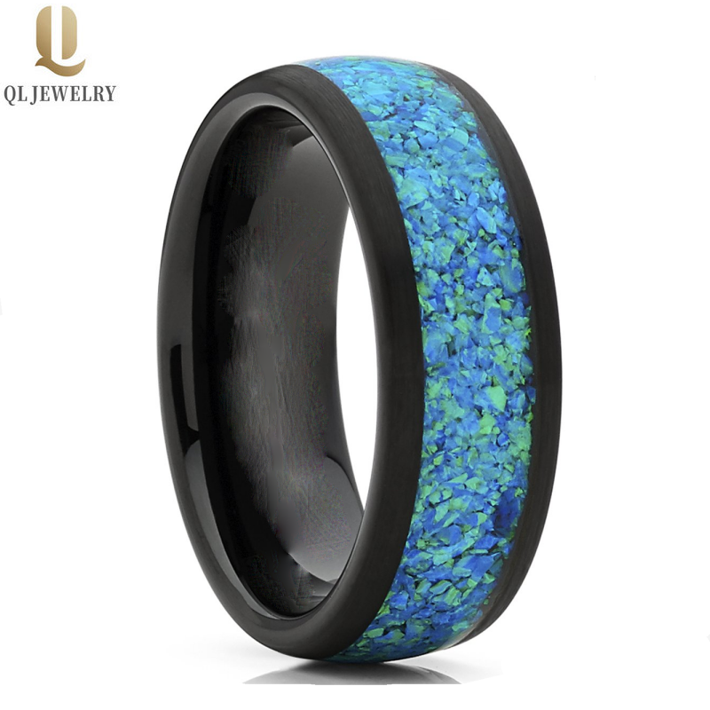Bandes de mariage en tungstène pour hommes les plus vendues de 8 mm de haut poli Bandes de mariage en carbure de tungstène noir bombé avec incrustation d'opale verte et bleue Fabricant de la Chine