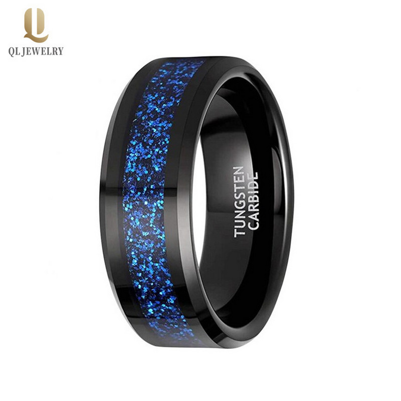 Neue Art 8mm hochglanzpolierte Wolfram-Eheringe für Herren flache und abgeschrägte Kanten Schwarze Wolframkarbid-Eheringe mit blauer Opaleinlage China-Hersteller