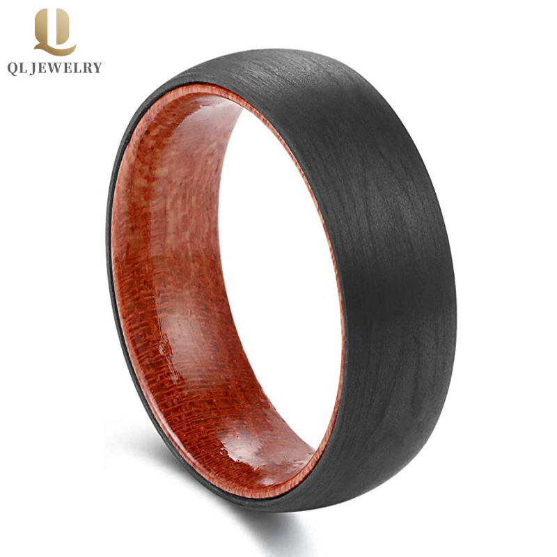 Chine Bandes de mariage pour hommes en fibre de carbone noire et en bois forgées simples et uniques Fabricants