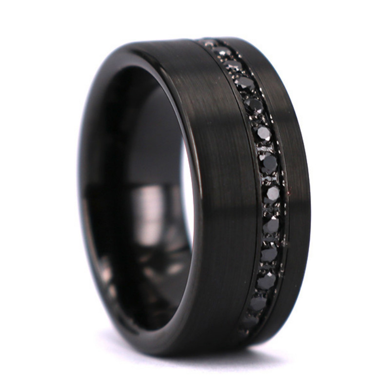 Einzigartiger 8 mm Ehering für Herren, flacher schwarzer gebürsteter Wolframring mit Kreis aus schwarzen CZ-Steinen China Hersteller